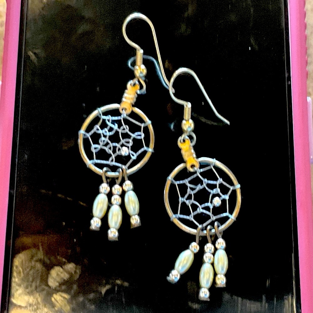 Earrings - DreamCatcher earrings in gold with silver web w/ivory color dangles